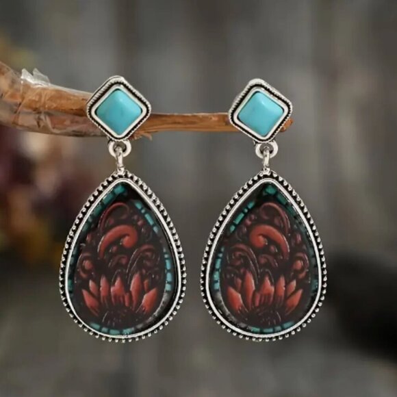 NEW Western style Brown & Turquoise Stud with drop earrings - Silver plated - Picture 1 of 2